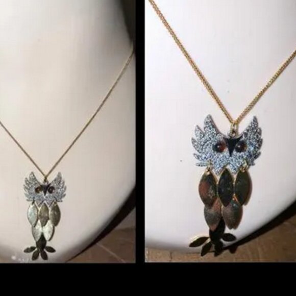 Vintage Owl Gold Tone Silver Tone Amber Eyes 2 1/2” Pendant  Necklace - Picture 1 of 2